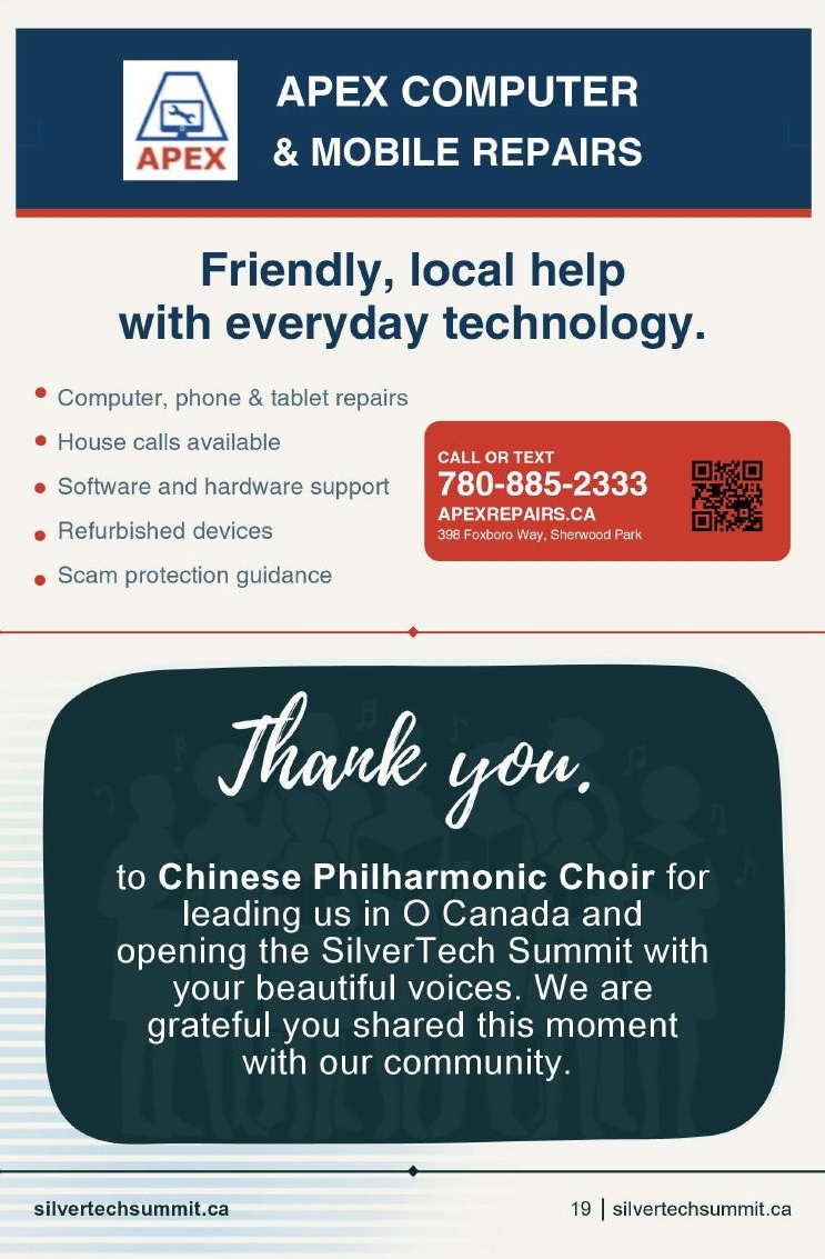 Apex Computer and Mobile Repairs: friendly, local help with everyday technology, house calls, refurbished devices and scam protection guidance. Call or text 780-885-2333, apexrepairs.ca, 398 Foxboro Way, Sherwood Park.