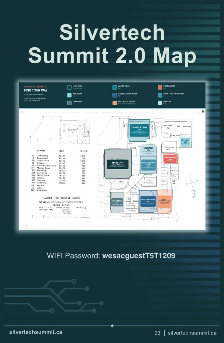 Floor map of the WE Seniors building showing the Main Gym, Games Room, Boardroom, Art Room, Cafeteria and other rooms.