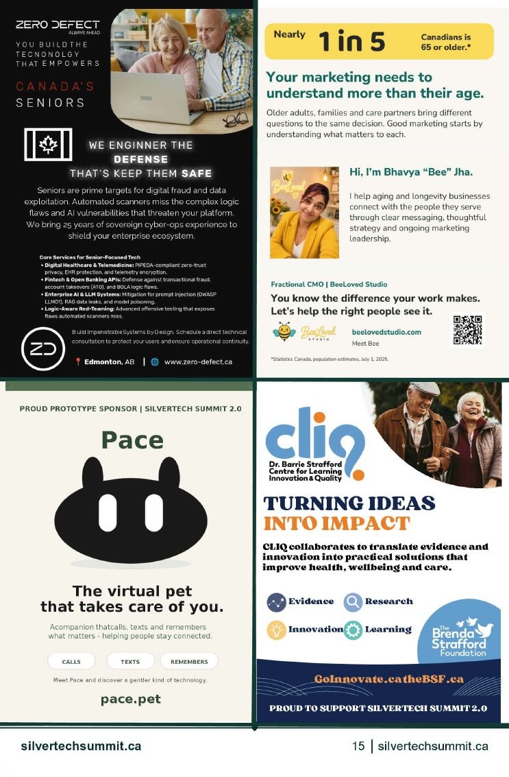Ads from Zero Defect, BeeLoved Studio (Bhavya Bee Jha, Fractional CMO, beelovedstudio.com), Pace Pet (the virtual pet that takes care of you, pace.pet), and the Dr. Barrie Strafford Centre for Learning Innovation and Quality (CLIQ).