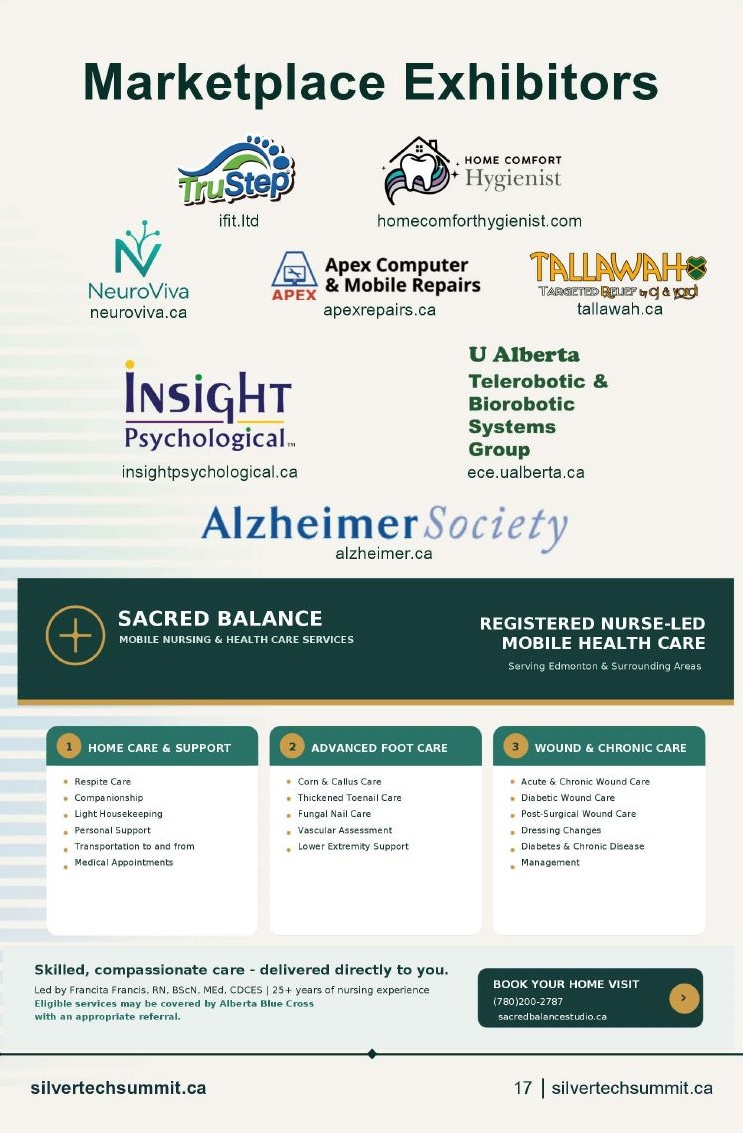 Marketplace exhibitors: ifit.ltd, Home Comfort Hygienist, NeuroViva, Apex Computer and Mobile Repairs, Tallawah, Insight Psychological, U of A Telerobotic and Biorobotic Systems Group, Alzheimer Society, and a Sacred Balance mobile nursing and health care ad, (780) 200-2787.