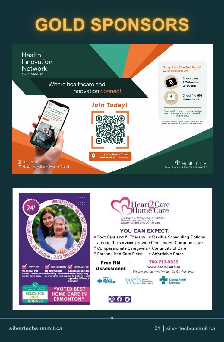 Gold sponsor page with Health Innovation Network prize draw for three $25 Amazon gift cards and five power banks, and a Heart2Care Home Care ad offering foot care, IV therapy and a free RN assessment, 780-717-9839, heart2care.ca.